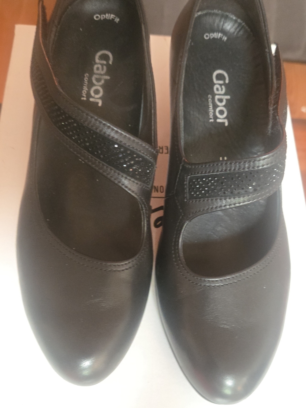 Gabor Black Leather Mary Jane Small Heels with Decorative Strap